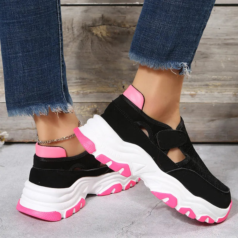 Women's mesh sport shoes with flat heel, round toe, Velcro fastening, and breathable mesh upper in solid colour