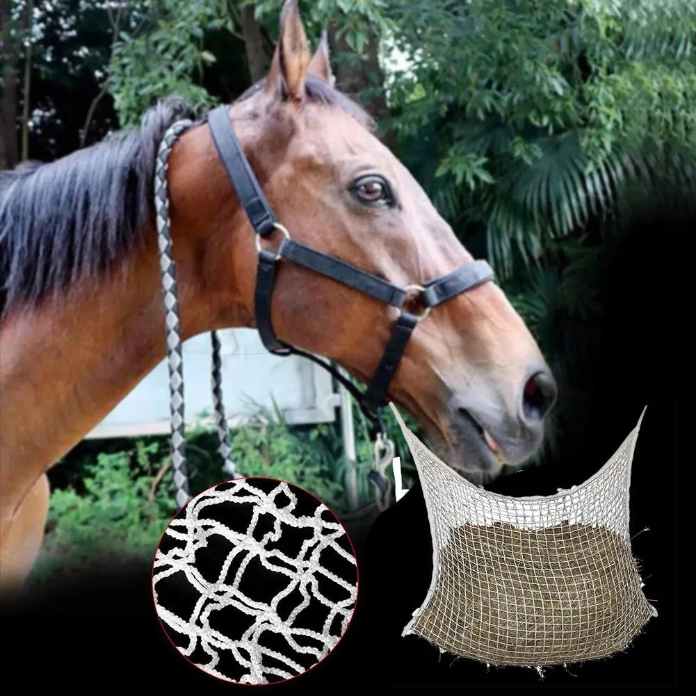 Woven grid horse feeding bag in black hanging, suitable for cattle and sheep.