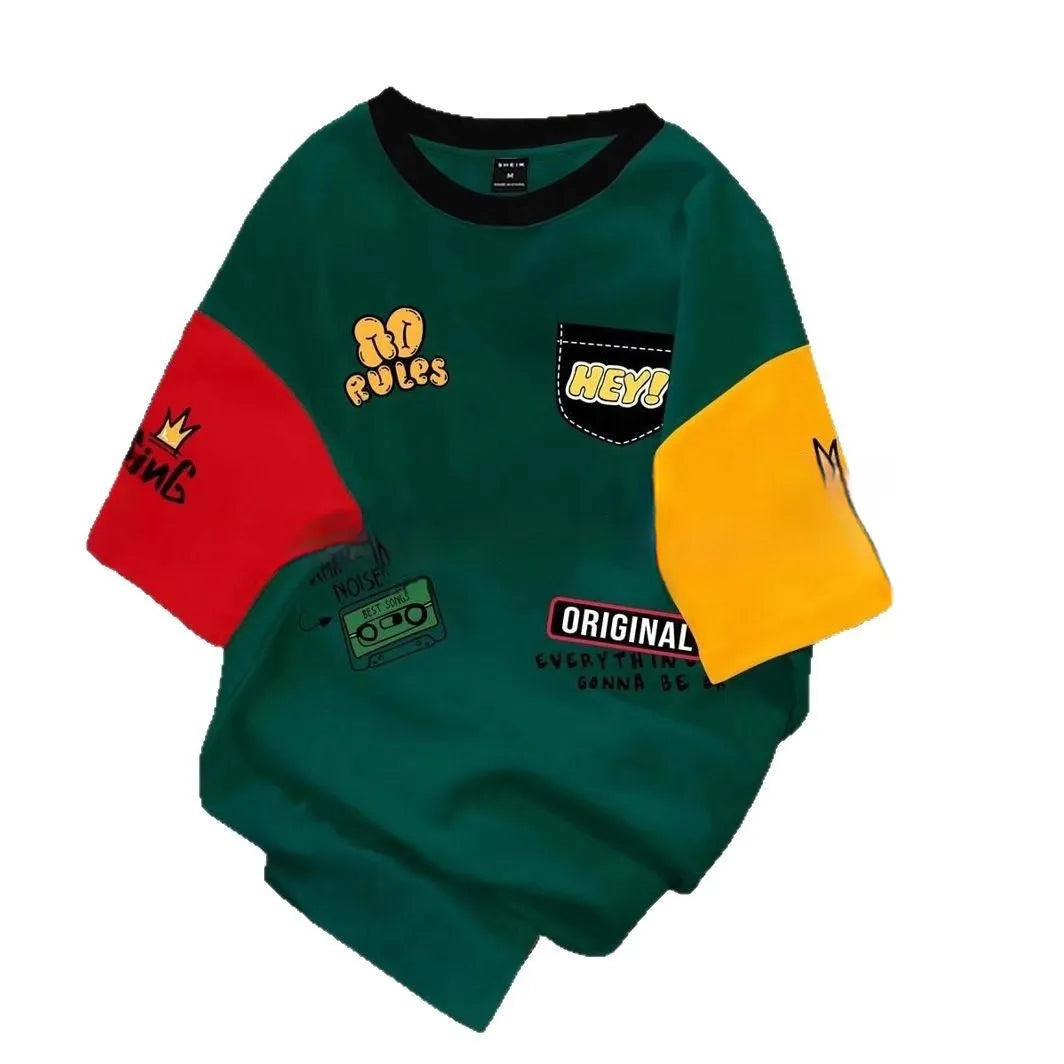 Printed loose-fit casual t-shirt for men showing digital letter pattern design on polyester fabric