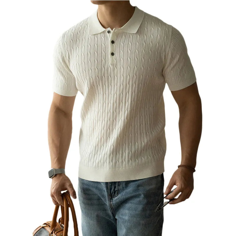 Men's khaki short sleeve business top laid flat, showing collar and button detail.