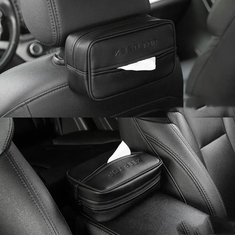Black PU leather hanging storage box with hook for car or home organisation