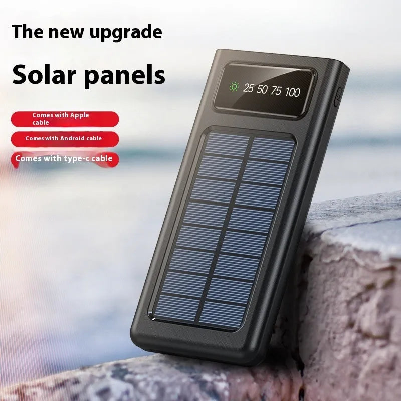 Black and white solar power bank with 20000 mAh capacity and charging cables