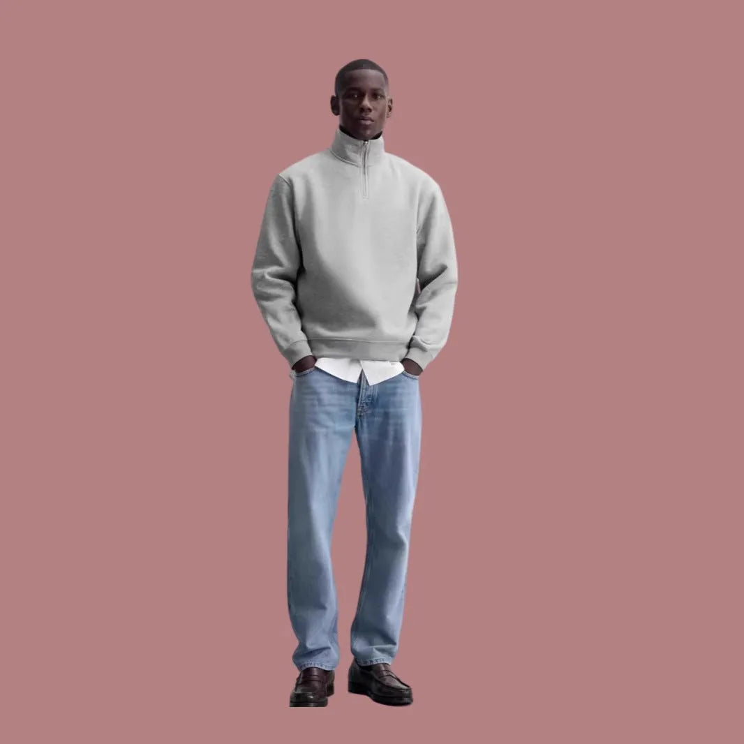 Grey half-zipped cotton sweater with stand collar and long sleeves
