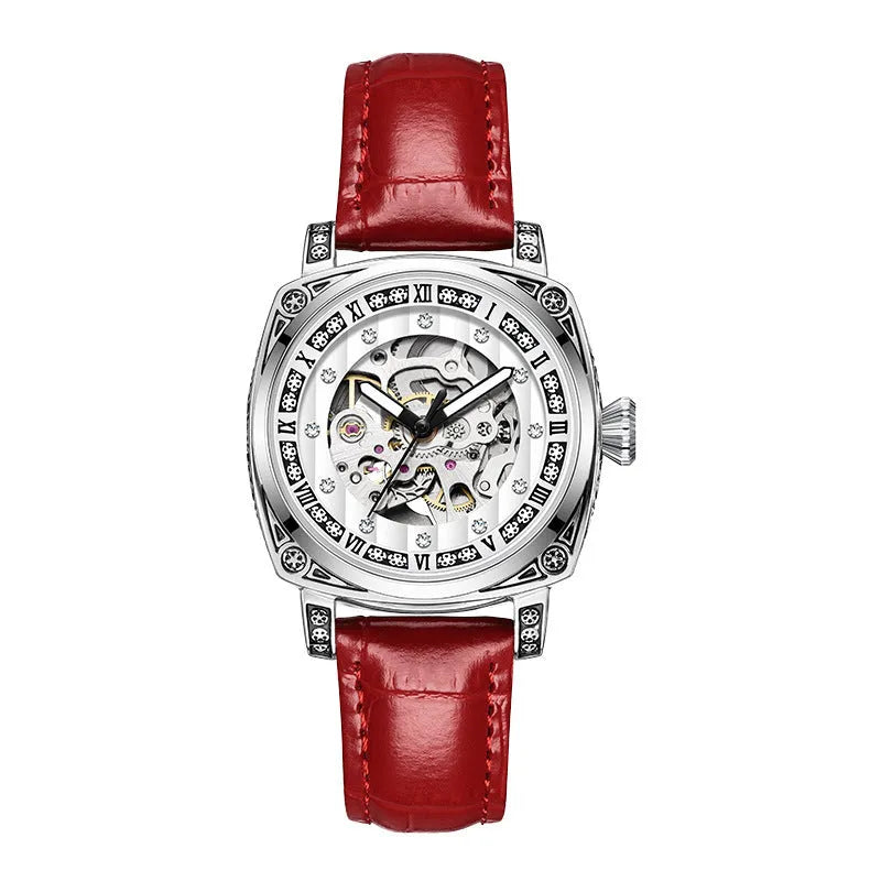 Mechanical wristwatch with luminous hands on leather strap in choice of colours
