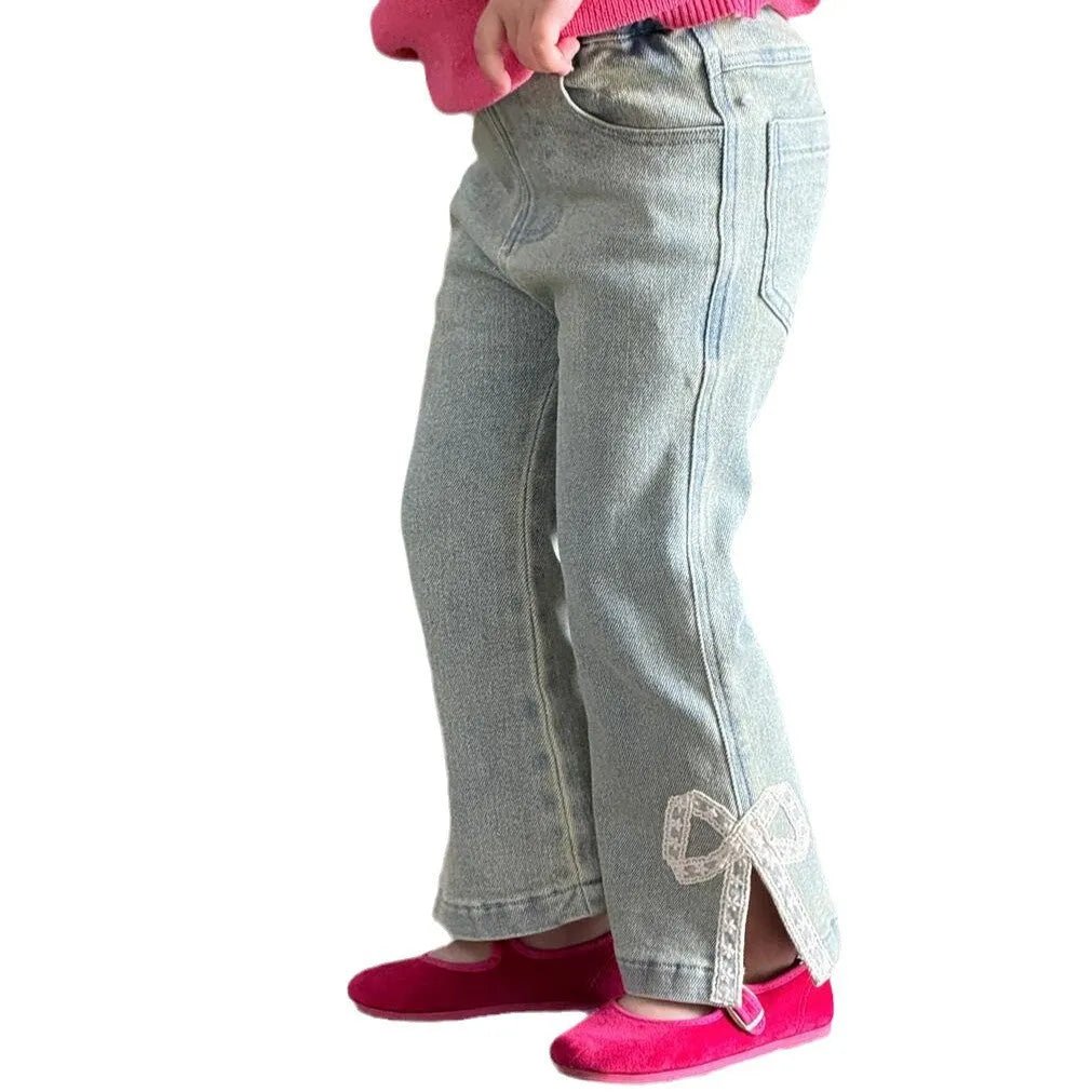 Girls vintage lace bow bell-bottom denim pants in picture colour with hair band belt fly