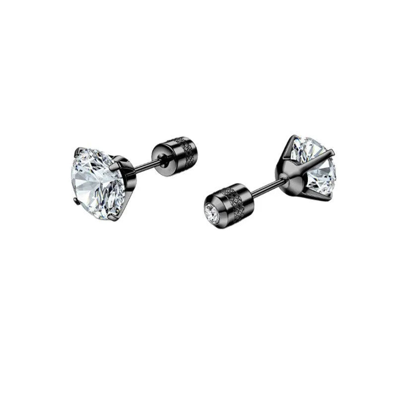 Geometric stainless steel zircon earrings in multiple sizes and colours with diamond treatment on a white background.