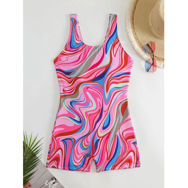 Printed high-waist backless one-piece swimsuit for women in two colour options.