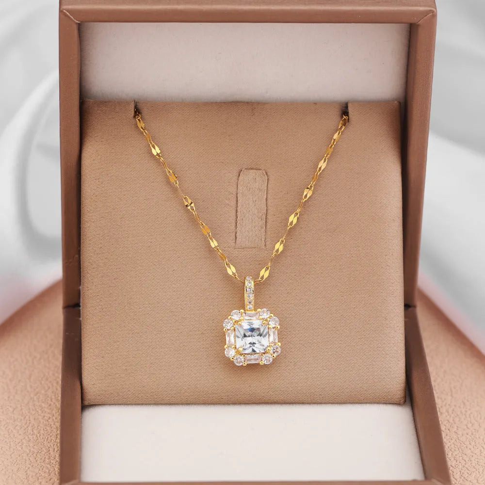 Gold titanium steel clavicle necklace with geometric zircon pendant on water wave chain