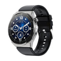 Black Android smartwatch with round 1.36 inch screen on a silicone strap, showing Bluetooth and NFC icons.
