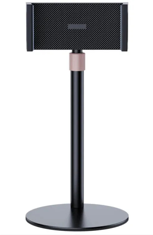 Black adjustable lifting metal bracket holding an 11-inch tablet, showing extended telescopic arm.