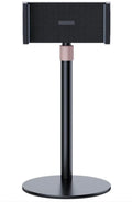 Black adjustable lifting metal bracket holding an 11-inch tablet, showing extended telescopic arm.