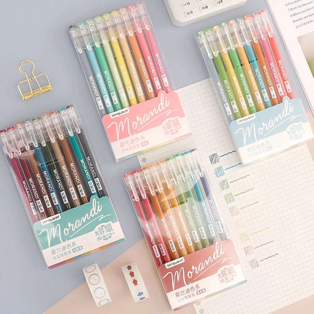 Set of nine retro colour gel pens with 0.5mm tips in a plastic storage case