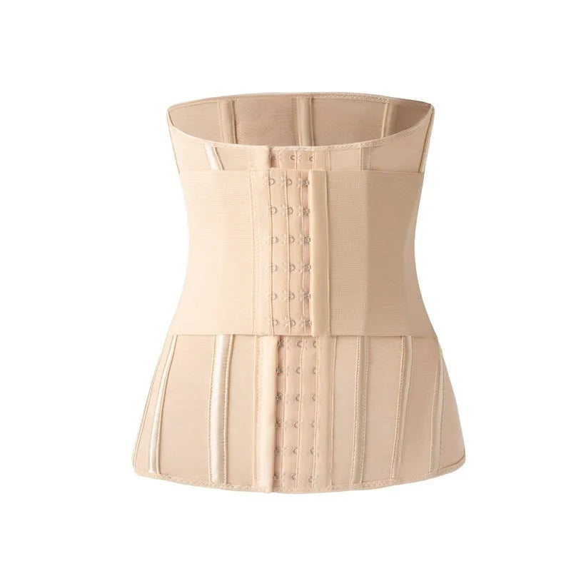 Nylon belly band waist trainer in black or apricot colour with an adjustable belt tie.