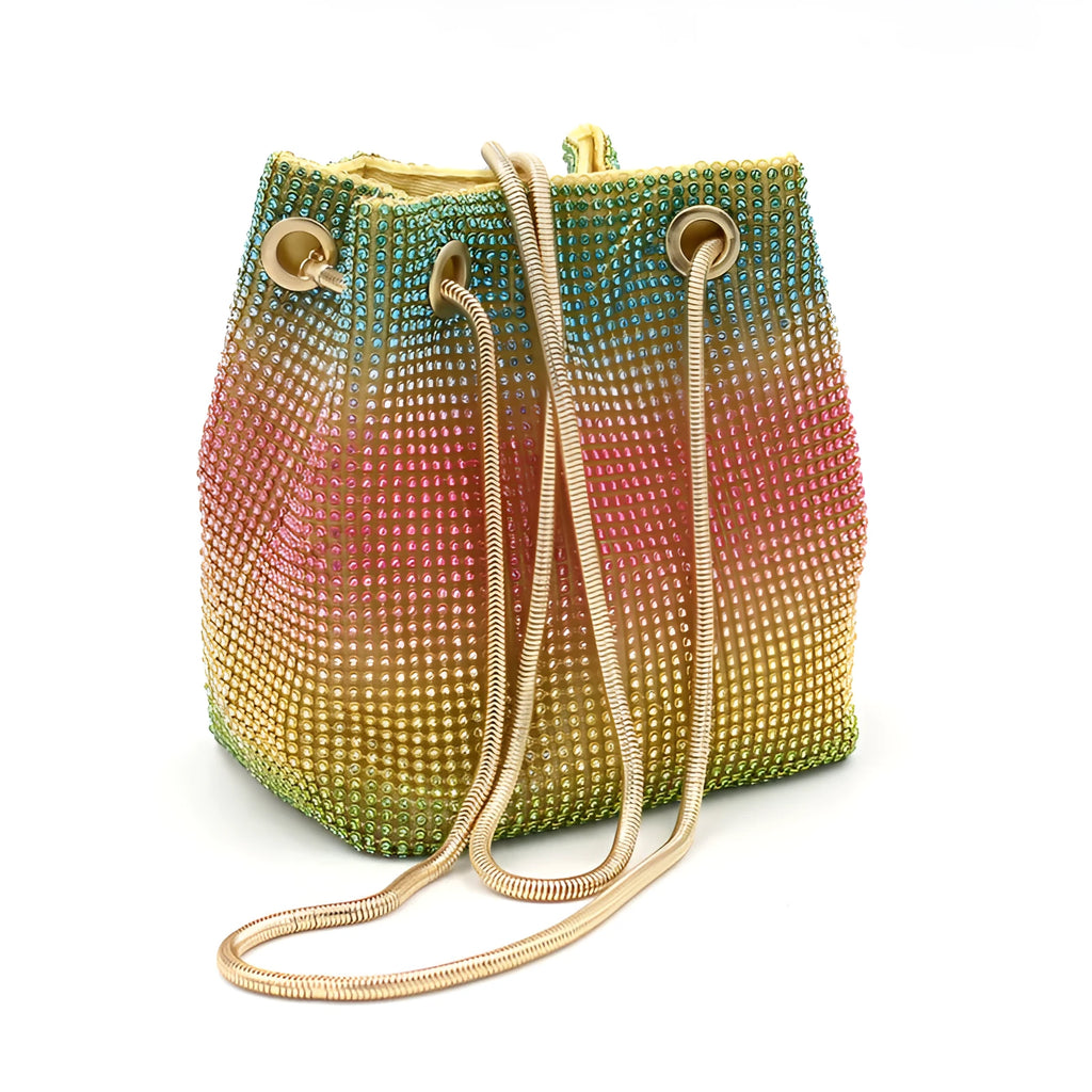 Rhinestone bucket bag in net red rainbow colours with a sparkle texture and soft construction
