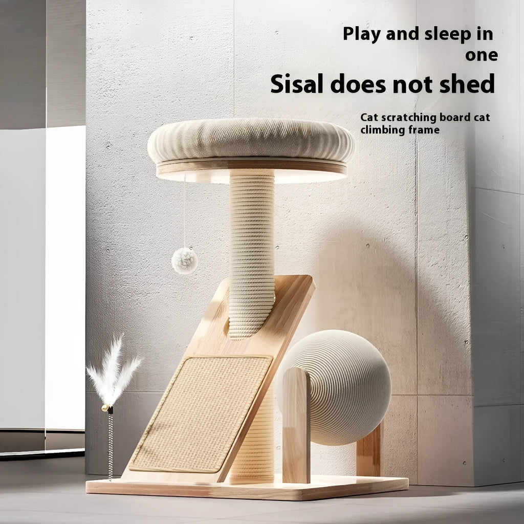 Jute-coloured cat climbing frame with sisal scratching surface and compact climbing structure