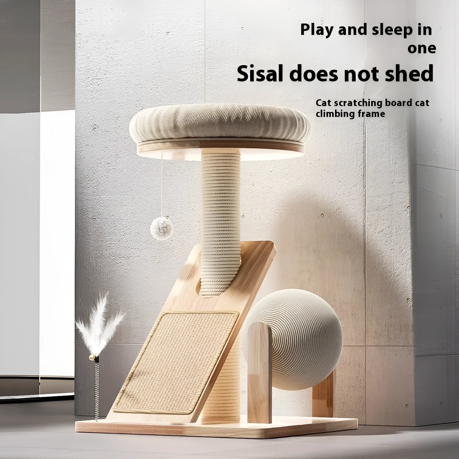 Jute-coloured cat climbing frame with sisal scratching surface and compact climbing structure