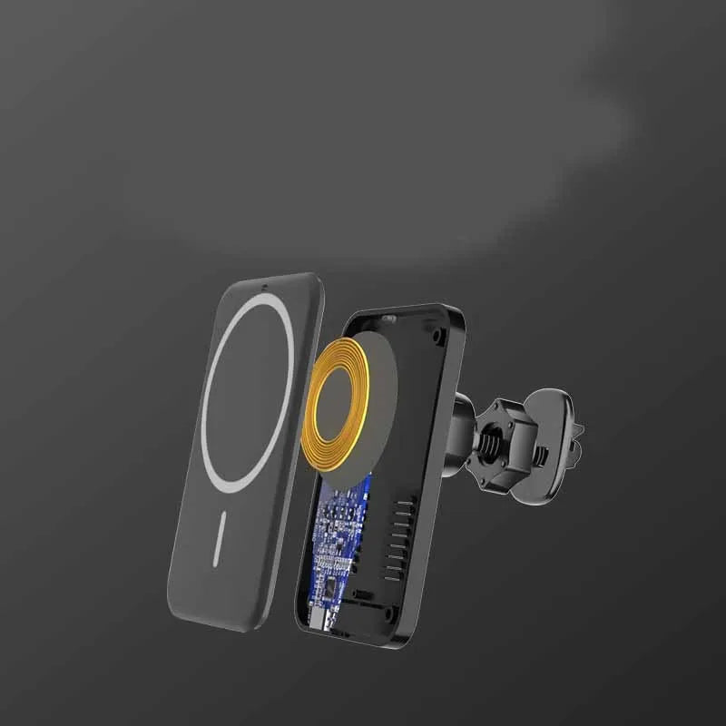Black car magnetic wireless phone charger and bracket mounted on a car air vent.