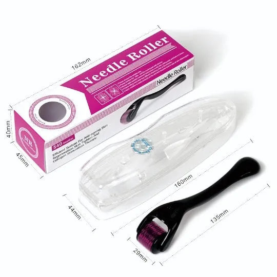 Black and purple titanium derma roller with 540 needles for face, hair and body.