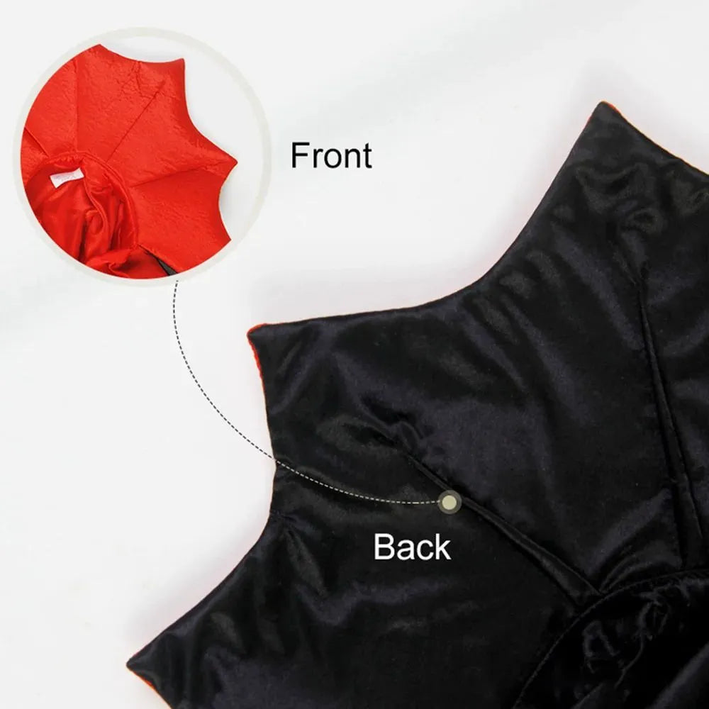 Vampire cloak Halloween costume for a small dog or cat showing sizes S, M, L with back length measurements.