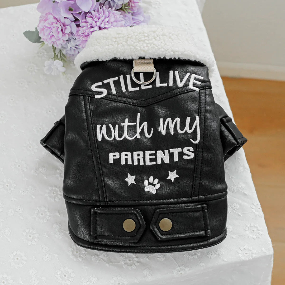 Large fur coat style fleece lined padded dog jacket for winter warmth in beige colour.
