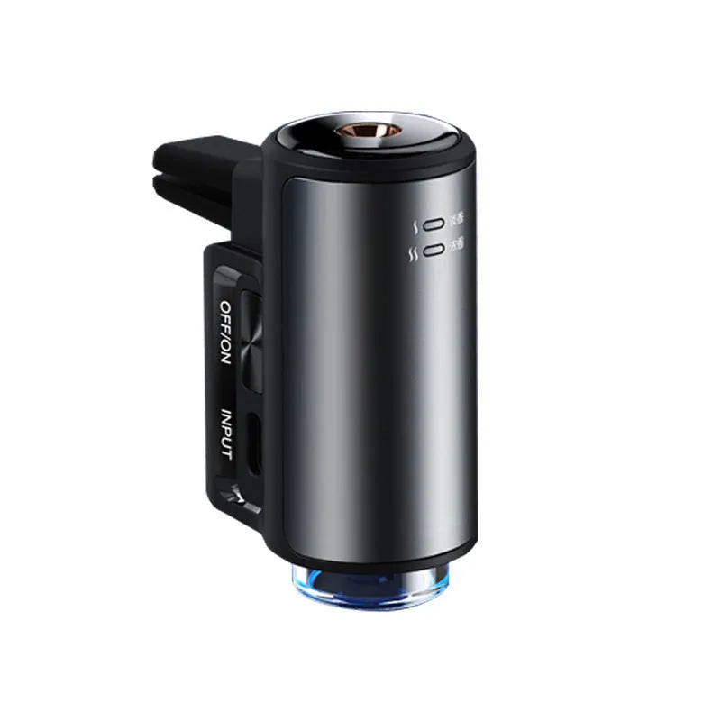 Car air vent clip-on aroma diffuser with essential oil bottle in Obsidian Black or Ocean Blue colour