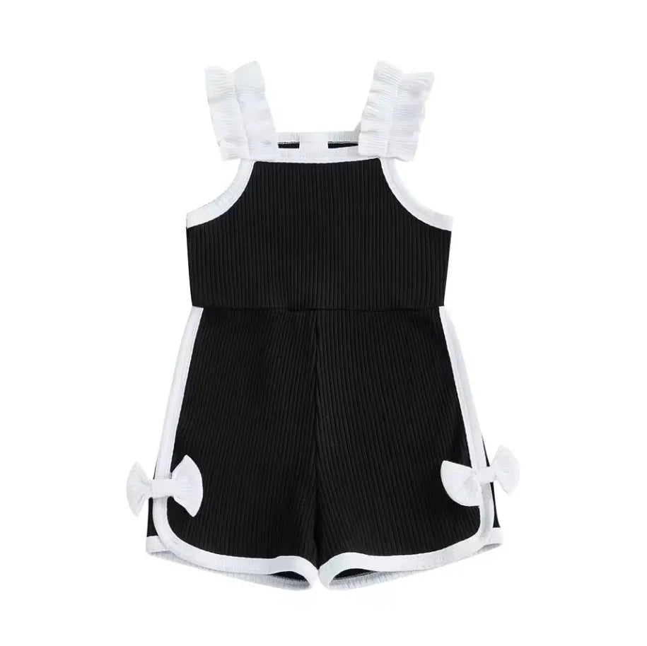 Baby girls cotton flounced sleeve bowknot suspenders jumpsuit in candy colours, pullover style