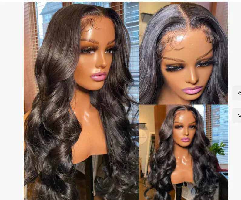 A woman wearing a black medium-length curly synthetic wig with full head coverage.