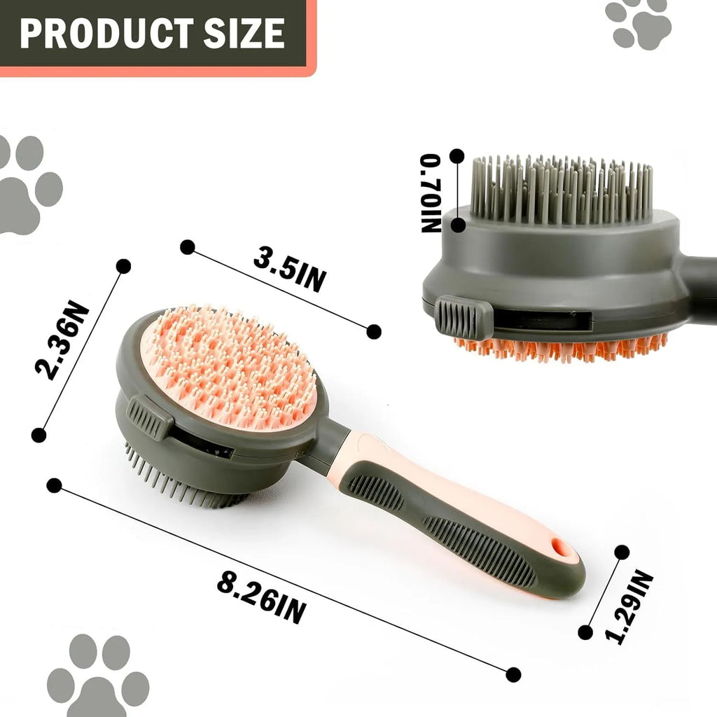 Green and pink double-sided cat brush with a release button and flea comb for grooming.