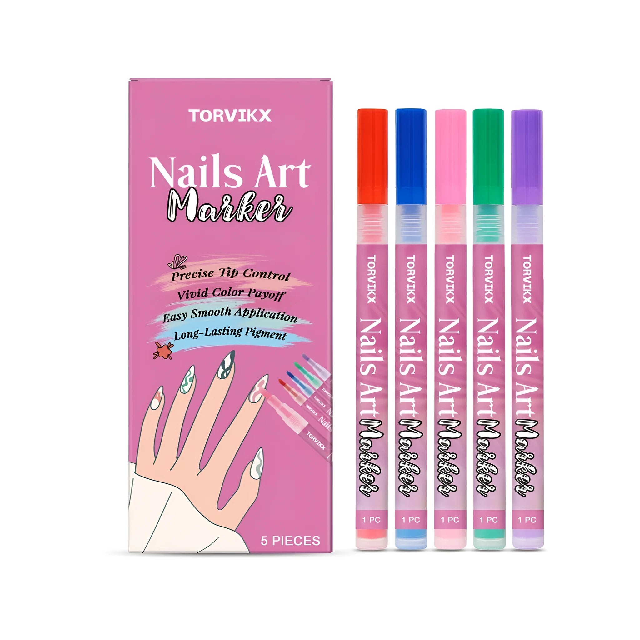 Set of five nail art graffiti pens in red, blue, violet, green, and powder colours