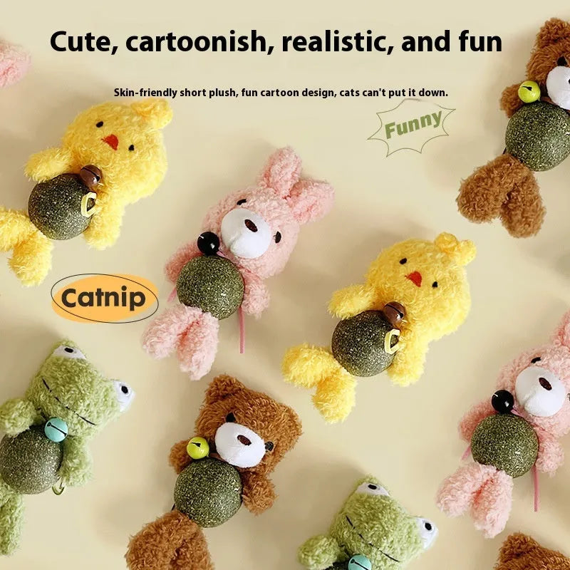 Plush catnip toy shaped like a small doll with a mint ball, in brown bear, pink rabbit, green frog or piyopiyo colour.