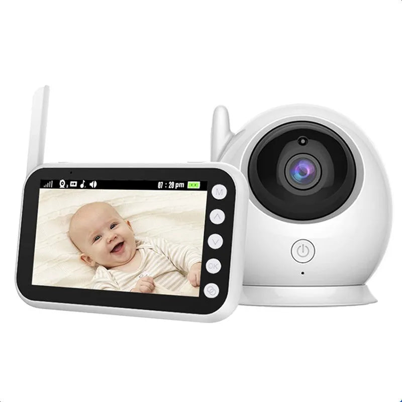 Baby monitor with 4.3-inch LCD screen showing baby in cot, night vision mode, camera with 120-degree rotation