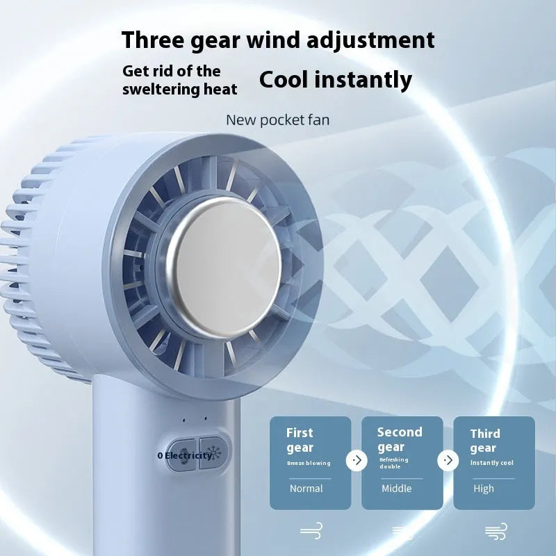 White handheld turbo fan with touch controls, showing compact duct design for personal cooling.