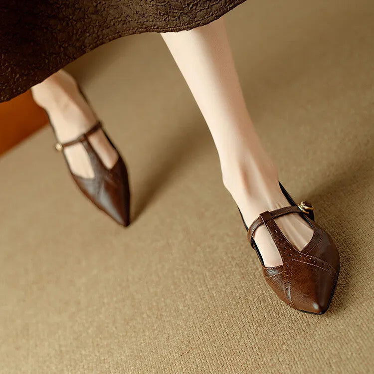 Brown pointed toe women's flat shoes with cowhide leather uppers and soft sole