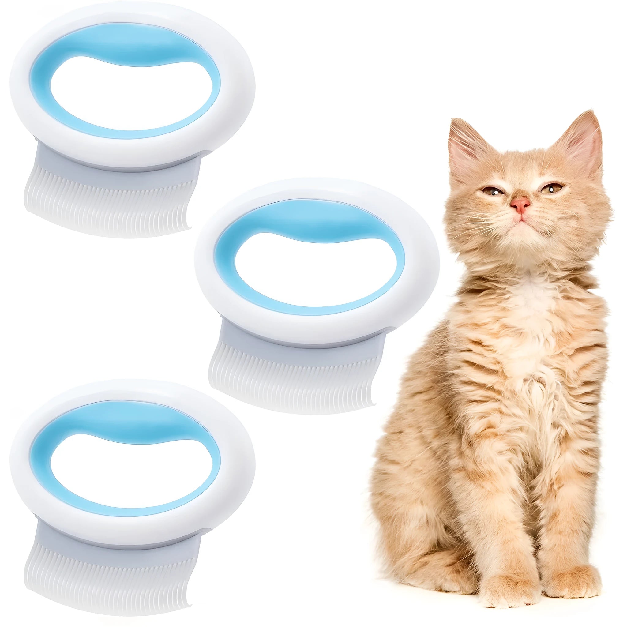 Blue ergonomic pet deshedding comb for cats and dogs on a white background.