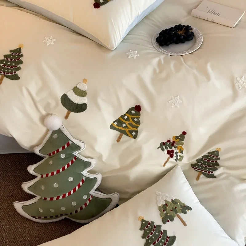 Pure cotton bedding set with embroidered Christmas tree and flowers on duvet cover and pillowcases.