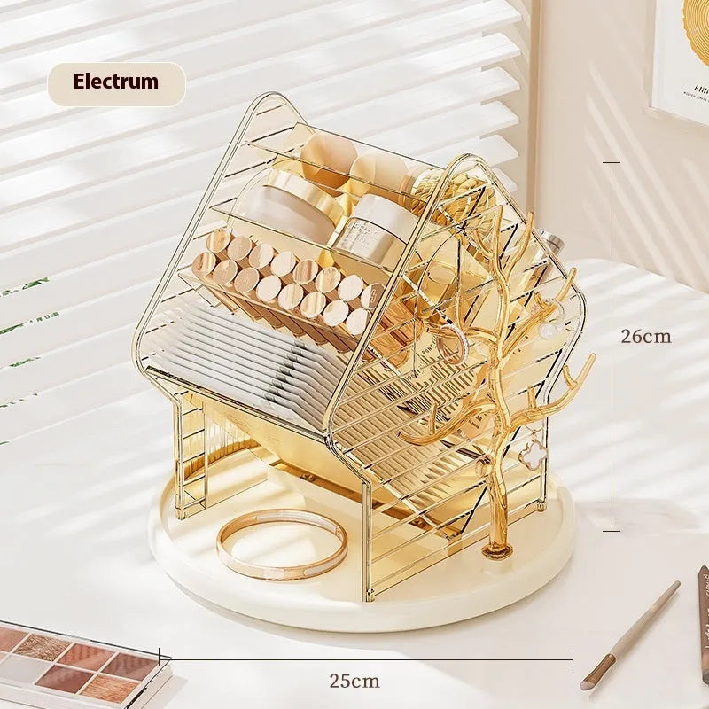 Rotating clear plastic cosmetics storage box with compartments on a 360-degree spinning base.