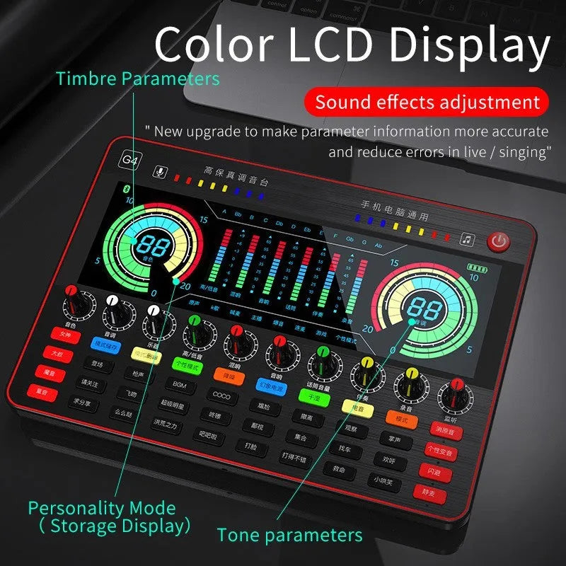G4 professional singing sound card set with LCD display, microphone, and remote control on a desk.