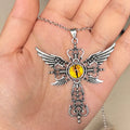 Creative devil wings and cross design alloy pendant necklace on a chain in blue, green, purple, red, and yellow colour options.