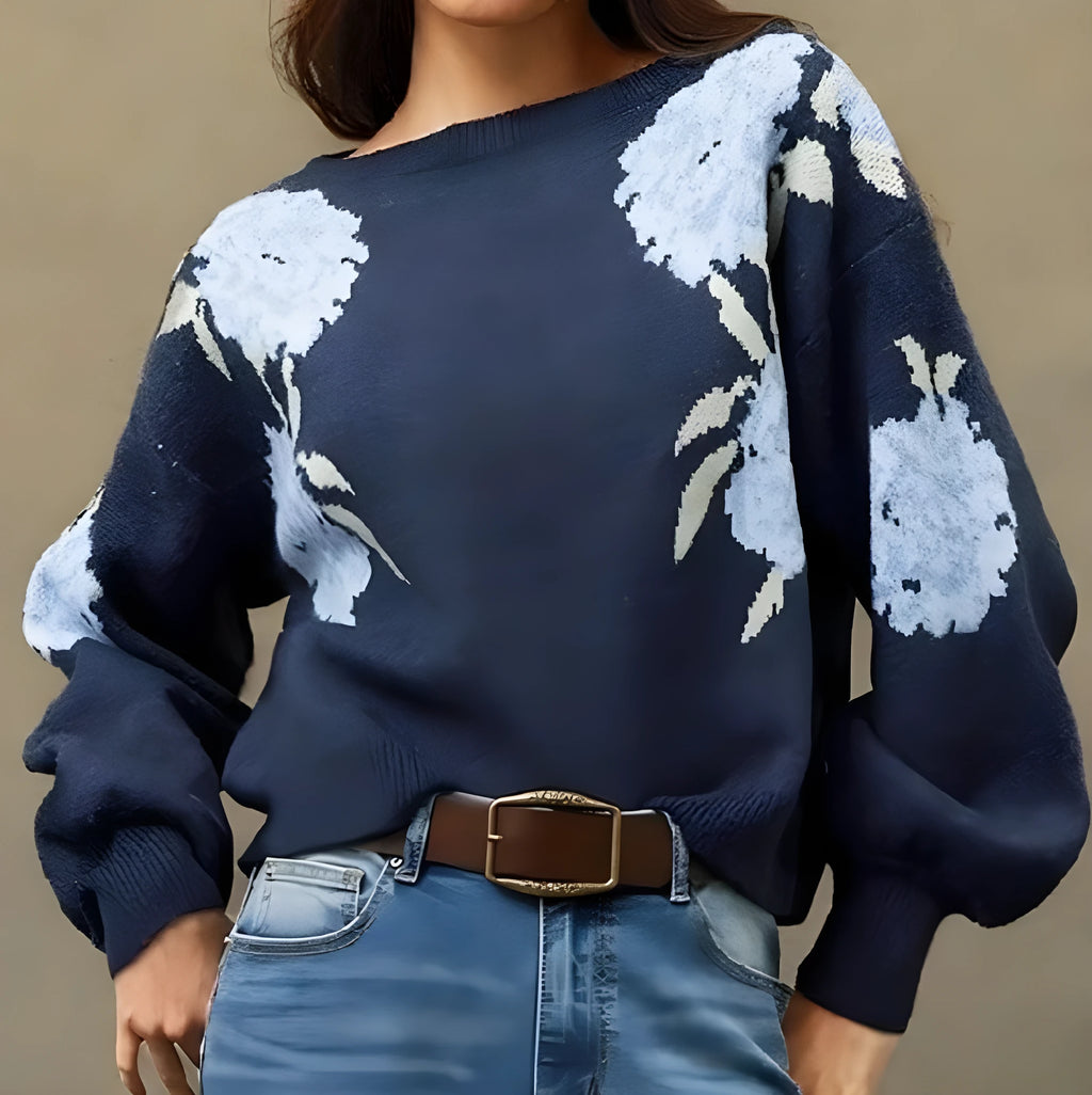 Sapphire blue women's pullover with floral jacquard pattern, off-neck design, and loose casual fit