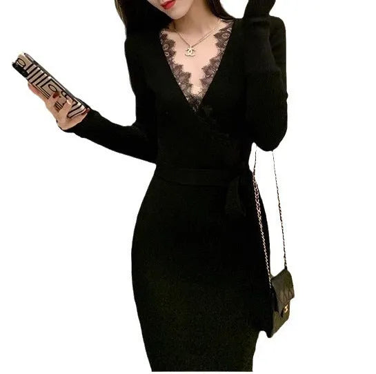 Black women's slim fit woolen princess dress skirt on a model.