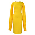 Women's long sleeve yellow evening dress with a round neck, high waist, and pleated shawl detail.