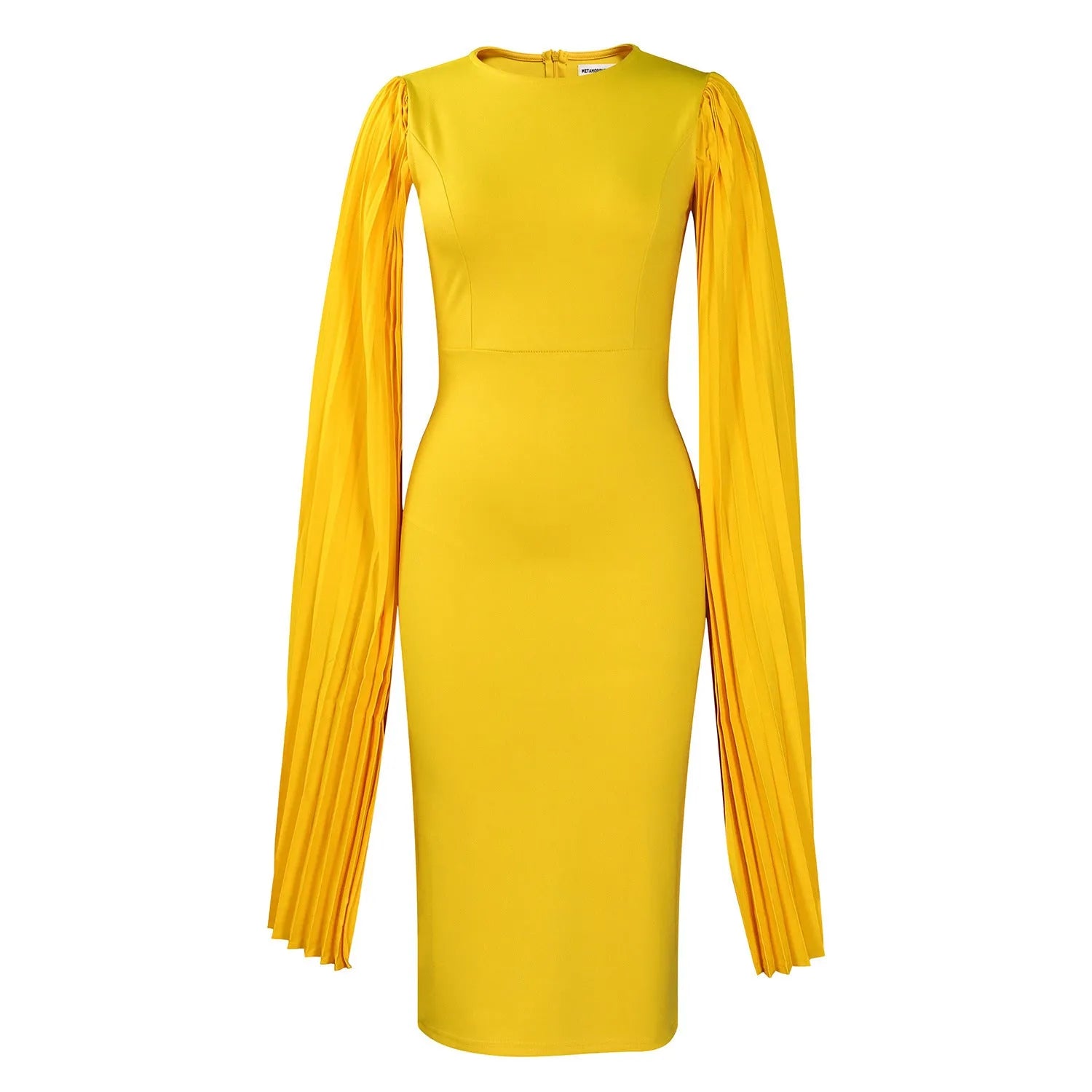 Women's long sleeve yellow evening dress with a round neck, high waist, and pleated shawl detail.