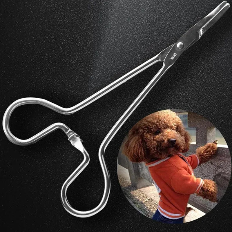Silver stainless steel pet ear tweezers with ergonomic anti-slip handle for dog and cat ear hair removal.