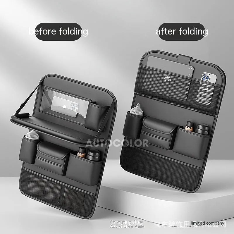 Leather car seat storage bag in black with handle and foldable dining table