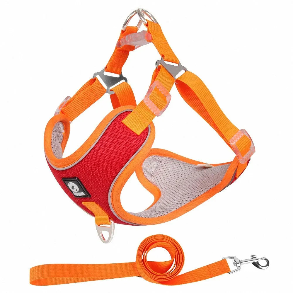 Adjustable mesh dog harness with reflective strips in multiple colour options