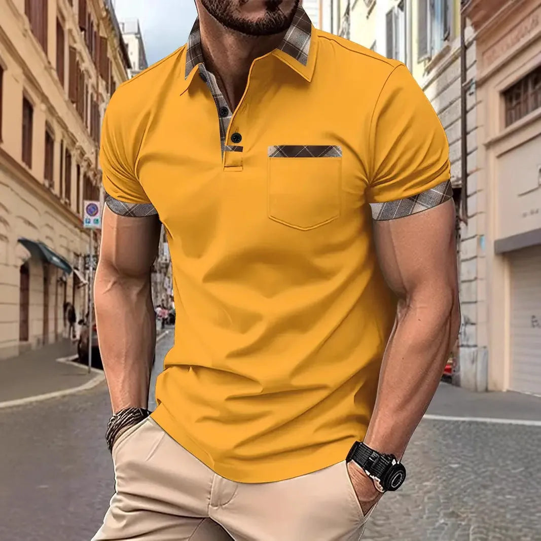 Men's loose fit plaid colourblock t-shirt with short sleeves and zipper decorations in multiple colour options