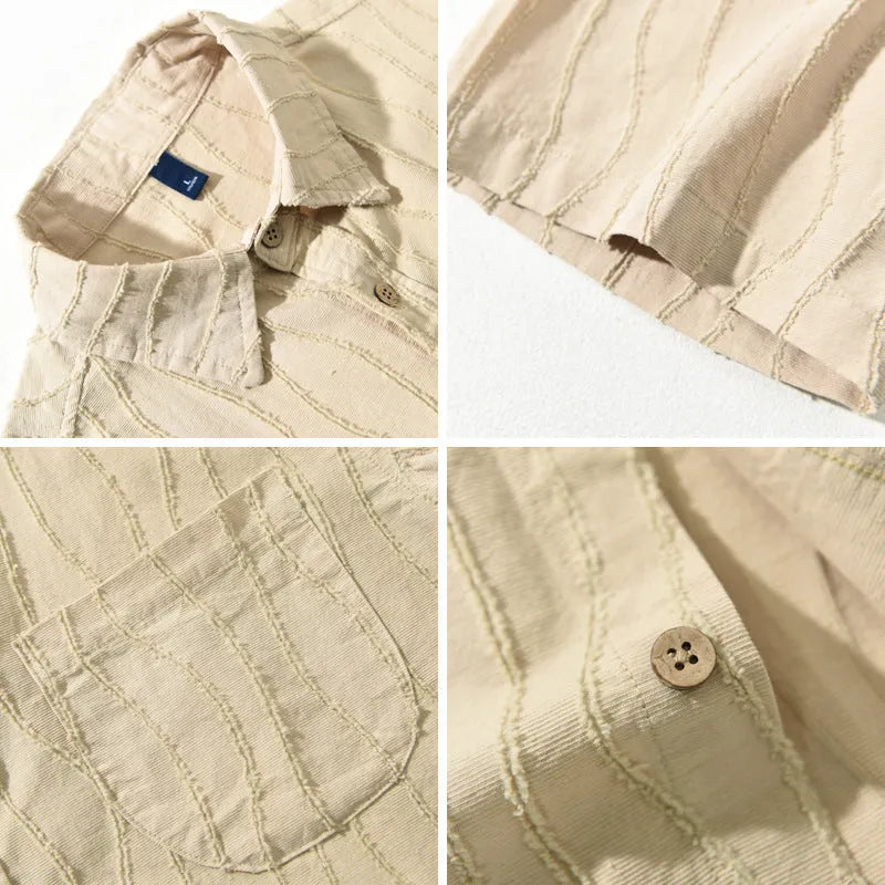 Men's apricot pure cotton casual shirt with short sleeves and a loose fit.