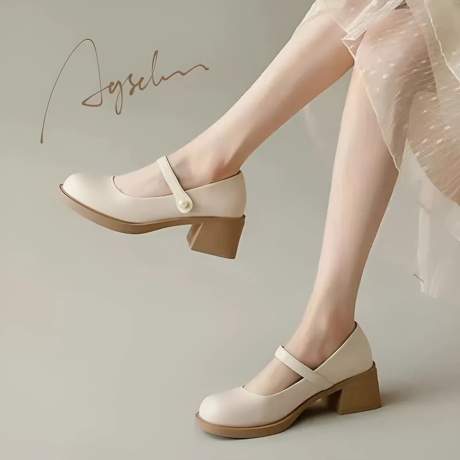 Women's PU leather loafers with short stout heel, round toe, in beige colour, solid colour design