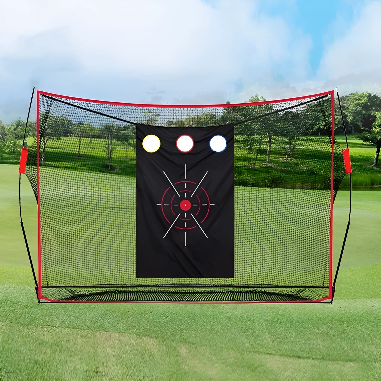 Golf swing wedge training net kit with three-hole target net and straw practice mat