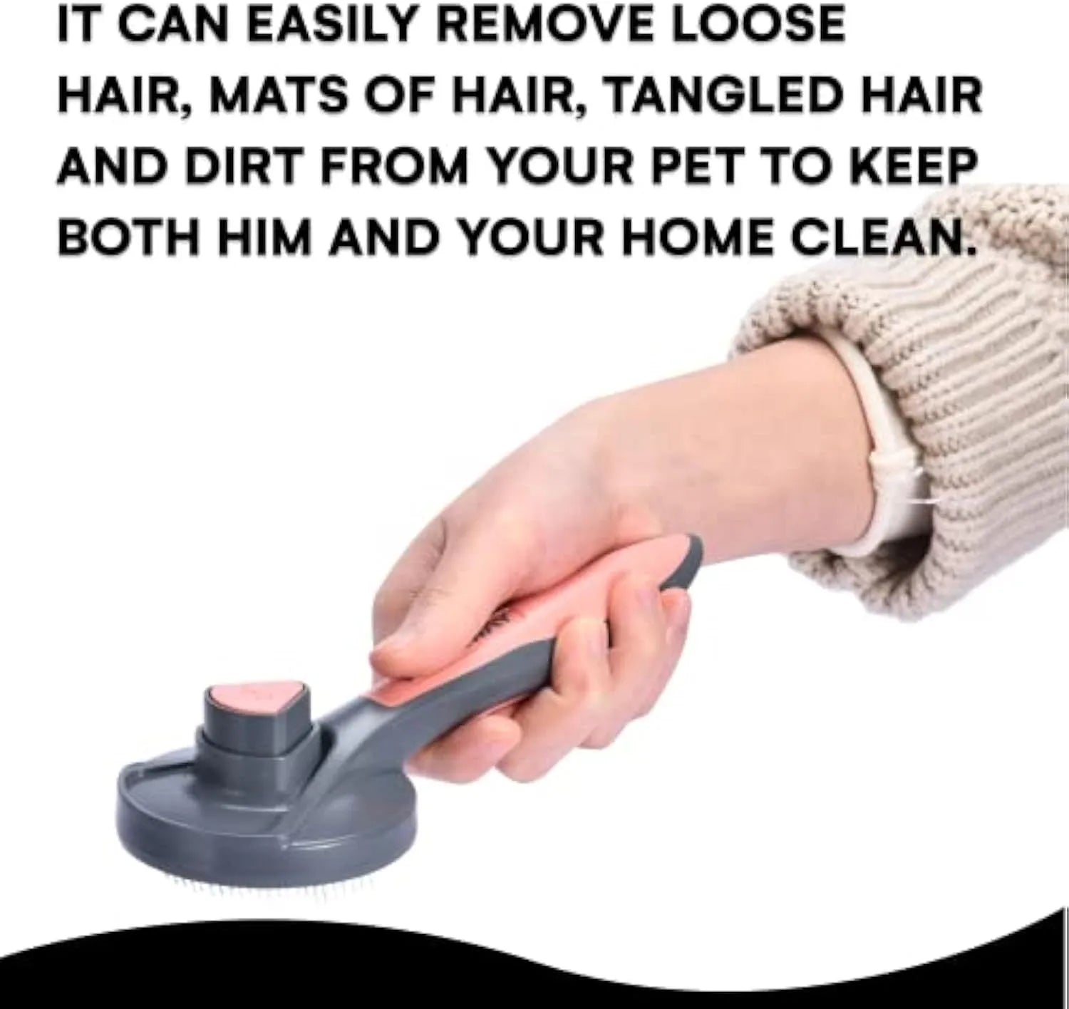 Grey self-cleaning slicker brush for pets with a comfort-grip handle and one-touch cleaning button.